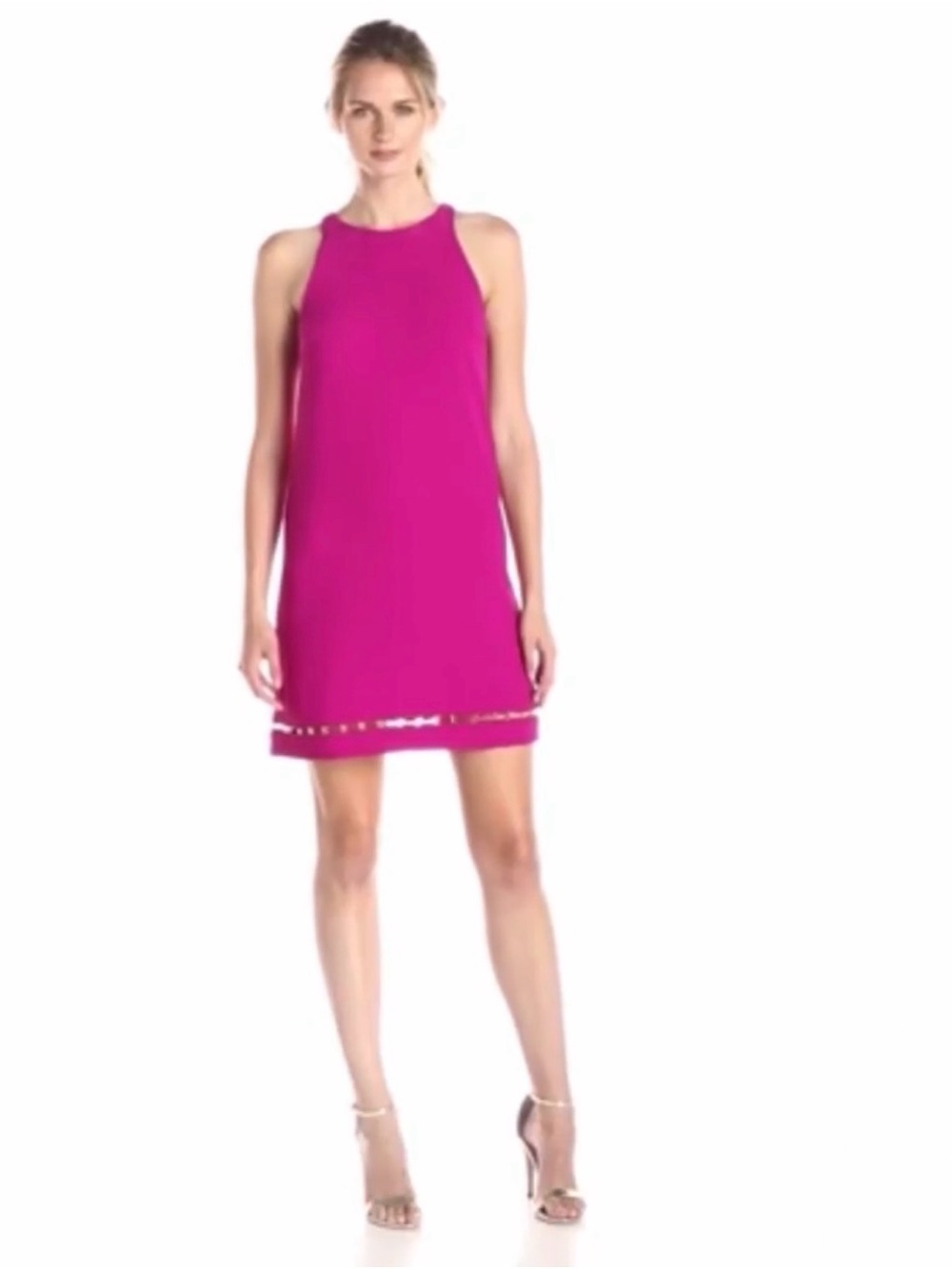Sleeveless Hot Pink Shift Dress with Metallic Trim